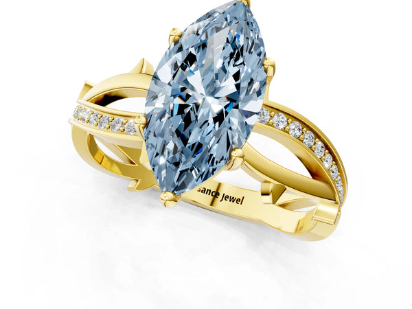 Yellow gold Fancy Blue Marquise  Solitaire Twist Band with Pavé Accents and Four-Prong Setting