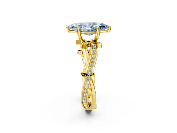 Yellow gold Fancy Blue Marquise  Solitaire Twist Band with Pavé Accents and Four-Prong Setting