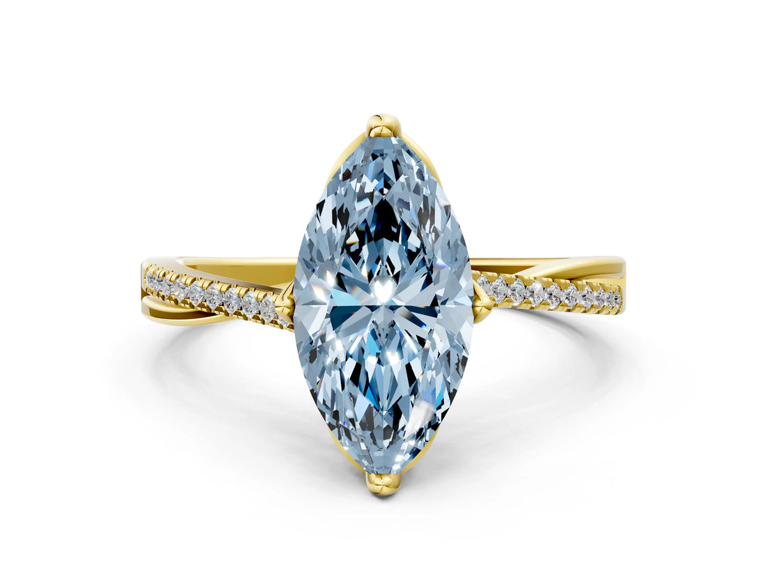 Yellow gold Fancy Blue Marquise  Solitaire Twist Band with Pavé Diamonds and Four-Prong Setting_53