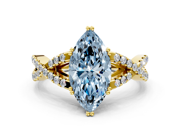 Yellow gold Fancy Blue Marquise Cut Diamond Solitaire Ring with Four-Prong Setting and Twisted Pavé Band