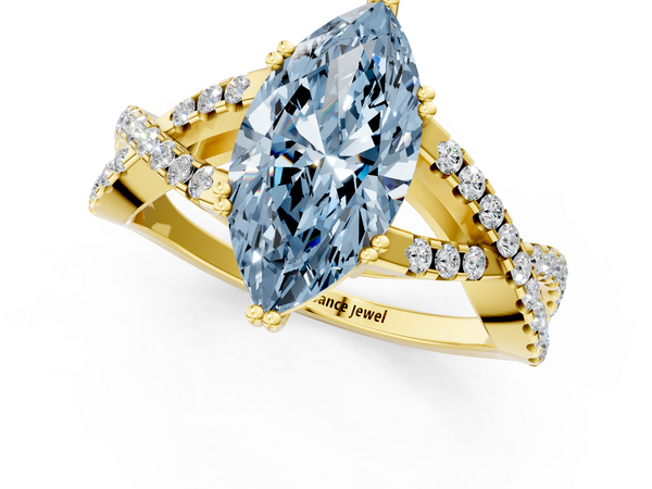 Yellow gold Fancy Blue Marquise Cut Diamond Solitaire Ring with Four-Prong Setting and Twisted Pavé Band