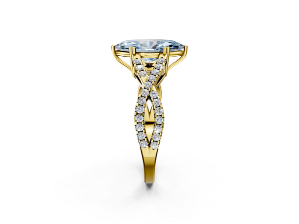 Yellow gold Fancy Blue Marquise Cut Diamond Solitaire Ring with Four-Prong Setting and Twisted Pavé Band