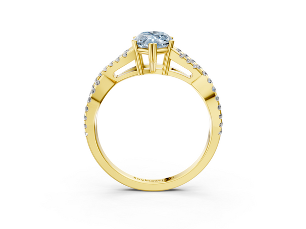 Yellow gold Fancy Blue Marquise Cut Diamond Solitaire Ring with Four-Prong Setting and Twisted Pavé Band