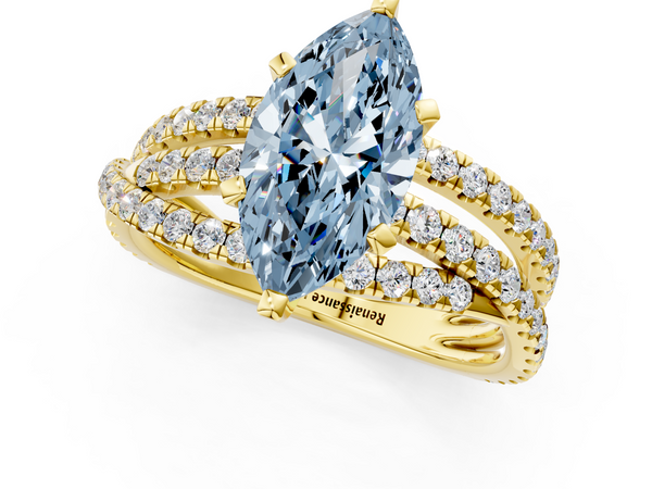 Yellow gold Fancy Blue Marquise  Solitaire Twist Band with Pavé Setting and Four-Prong Setting