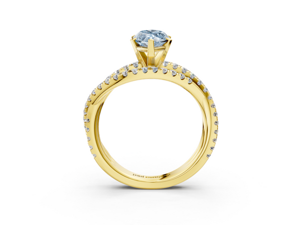 Yellow gold Fancy Blue Marquise  Solitaire Twist Band with Pavé Setting and Four-Prong Setting