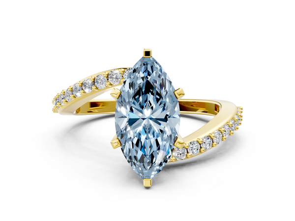Yellow gold Fancy Blue Marquise  Solitaire Twist Band with Pave Set Diamonds and Four-Prong Setting