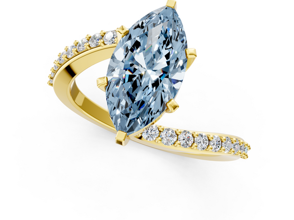 Yellow gold Fancy Blue Marquise  Solitaire Twist Band with Pave Set Diamonds and Four-Prong Setting
