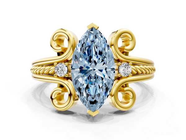 Yellow gold Fancy Blue Marquise  Solitaire Twisted Band Scroll Prong Ring