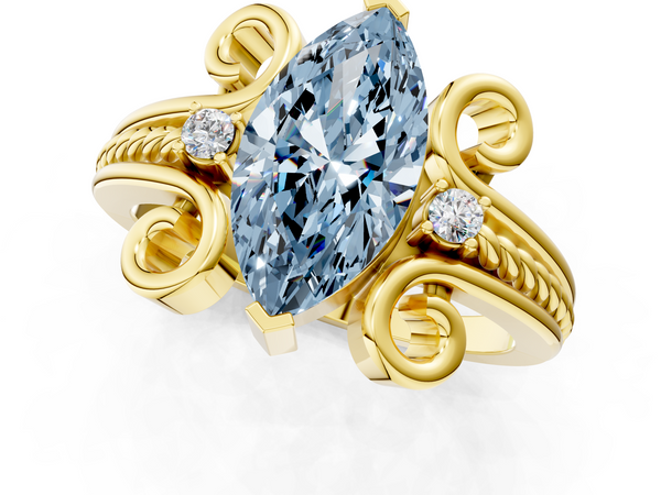 Yellow gold Fancy Blue Marquise  Solitaire Twisted Band Scroll Prong Ring