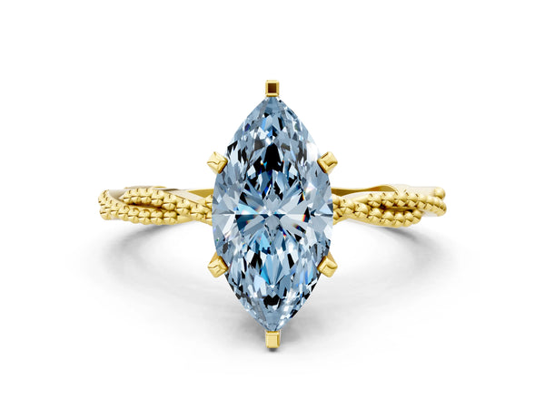 Yellow gold Fancy Blue Marquise  Solitaire Twisted Band with Bead Prong Setting
