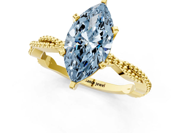 Yellow gold Fancy Blue Marquise  Solitaire Twisted Band with Bead Prong Setting