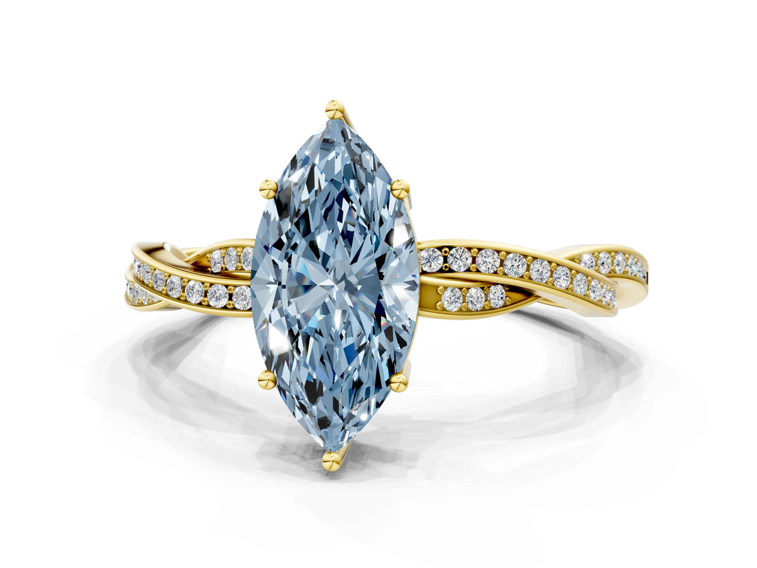 Yellow gold Fancy Blue Marquise  Solitaire Twisted Pave Diamond Ring with Four-Prong Setting_142