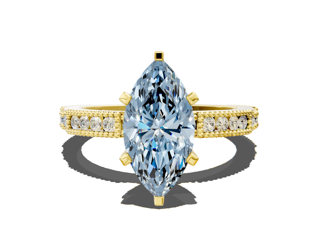 Yellow gold Fancy Blue Marquise  Solitaire with Pavé Band and Four-Prong Setting_344