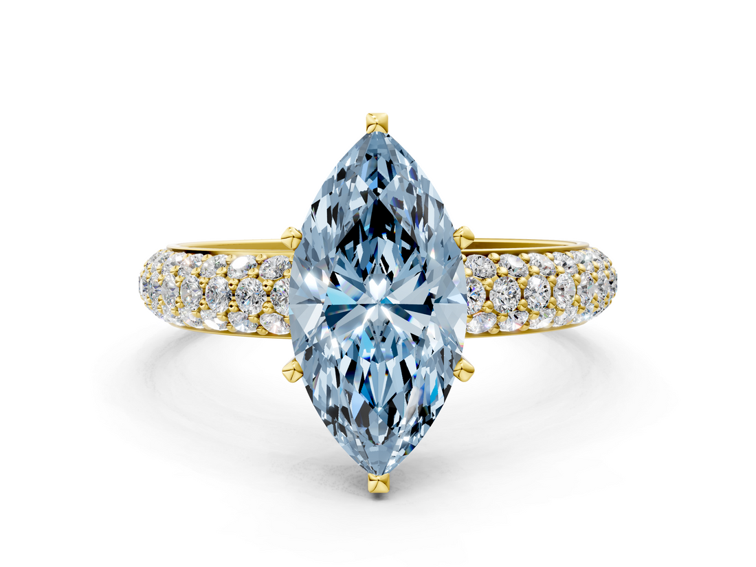 Yellow gold Fancy Blue Marquise  Solitaire with Pave Band and Four-Prong Setting_3
