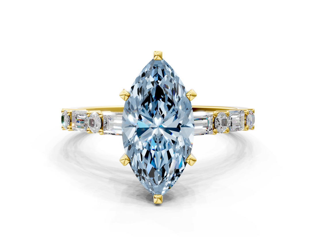 Yellow gold Fancy Blue Marquise  Solitaire with Side Baguettes and Channel Set Band_67