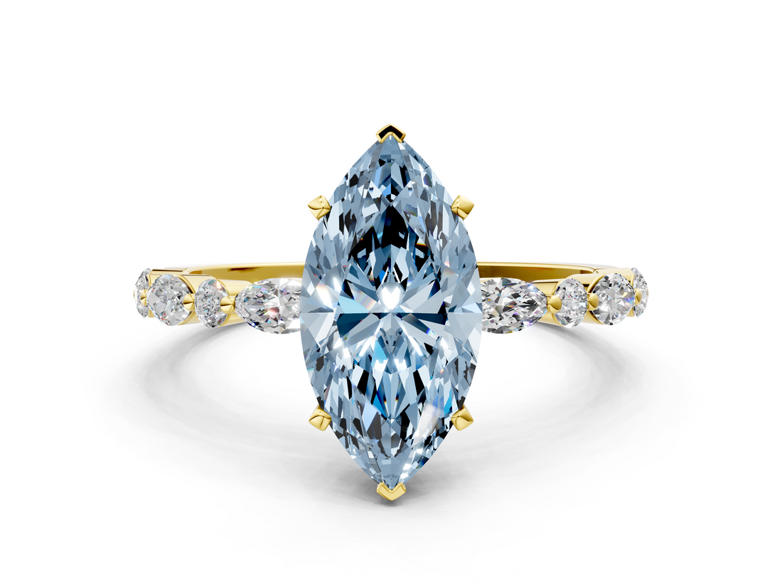Yellow gold Fancy Blue Marquise  Solitaire with Side Stones on a Pavé Band and Four-Prong Setting_23