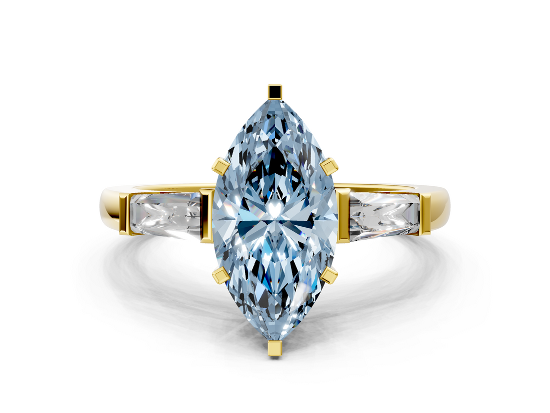 Yellow gold Fancy Blue Marquise  Solitaire with Tapered Baguette Side Stones on a Classic Band with Four-Prong Setting_93
