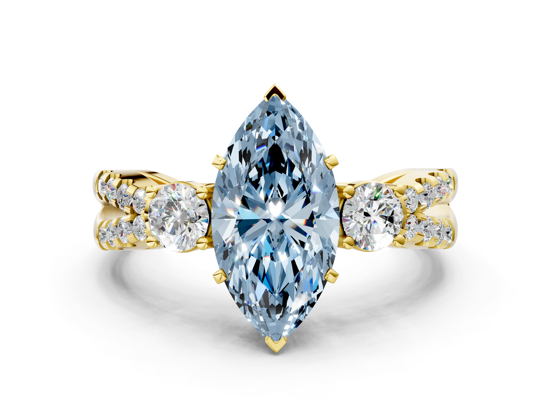 Yellow gold Fancy Blue Marquise  Three-Stone Diamond Ring with Pavé Split Shank and Four-Prong Setting_62