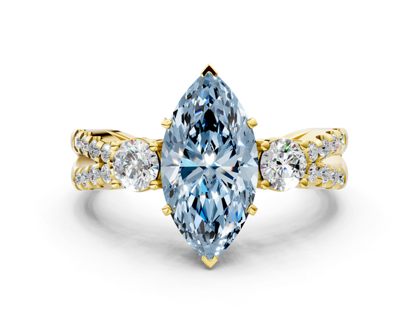 Yellow gold Fancy Blue Marquise Cut Diamond Three-Stone Ring with Pavé Split Shank and Four-Prong Setting