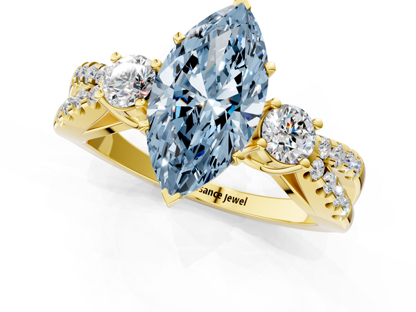 Yellow gold Fancy Blue Marquise Cut Diamond Three-Stone Ring with Pavé Split Shank and Four-Prong Setting