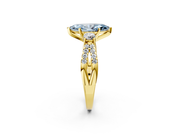 Yellow gold Fancy Blue Marquise Cut Diamond Three-Stone Ring with Pavé Split Shank and Four-Prong Setting
