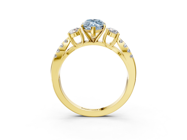 Yellow gold Fancy Blue Marquise Cut Diamond Three-Stone Ring with Pavé Split Shank and Four-Prong Setting