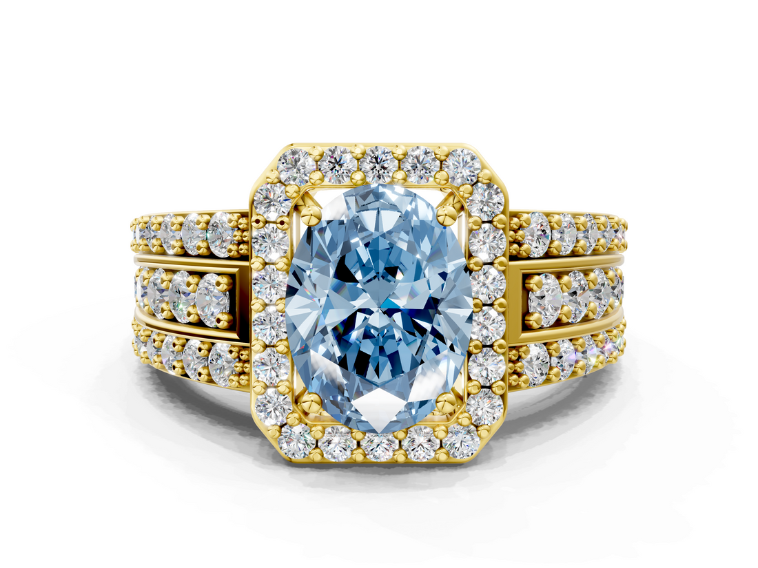 Yellow gold Fancy Blue Oval -Cut Halo Diamond Ring with Split Shank and Four-Prong Setting_84