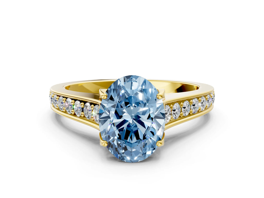Yellow gold Fancy Blue Oval  Brilliant Cut Diamond Engagement Ring with Pavé Band and Four-Prong Setting_49