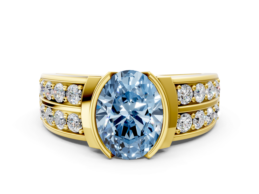 Yellow gold Fancy Blue Oval  Brilliant Diamond Channel Set Wide Band Ring with Bezel Setting_20