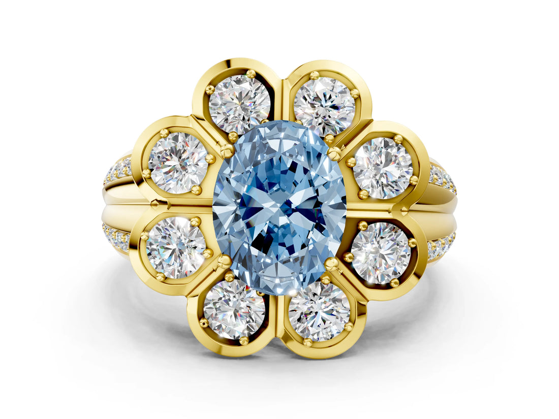 Yellow gold Fancy Blue Oval  Brilliant Flower Halo Diamond Split Shank Ring_105