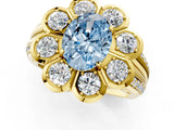 Yellow gold Fancy Blue Oval  Brilliant Flower Halo Diamond Split Shank Ring_106
