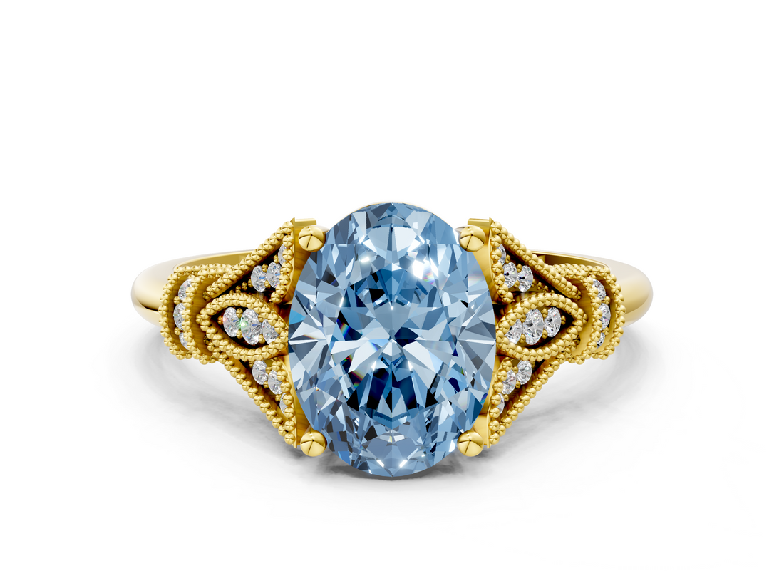 Yellow gold Fancy Blue Oval  Brilliant Solitaire with Pave Band and Four-Prong Setting_20