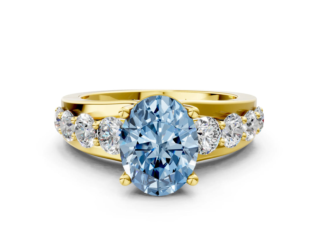 Yellow gold Fancy Blue Oval  Brilliant Solitaire with Side Stones on a Pave Band and Four-Prong Setting_24