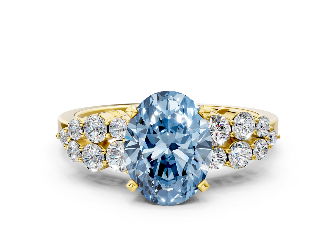 Yellow gold Fancy Blue Oval  Cluster Diamond Engagement Ring with Pavé Band and Four-Prong Setting_48