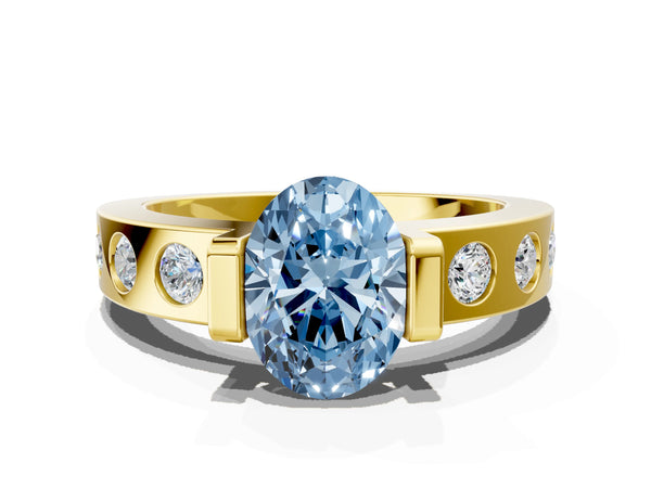 Yellow gold Fancy Blue Oval Cut Brilliant Channel-Set Diamond Ring with Bezel Prong Setting