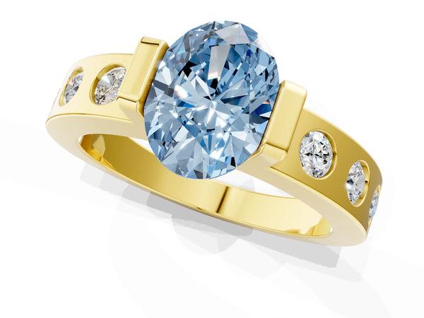 Yellow gold Fancy Blue Oval Cut Brilliant Channel-Set Diamond Ring with Bezel Prong Setting