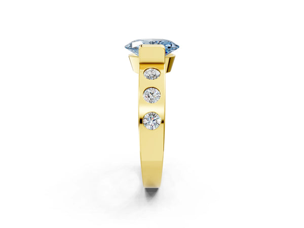 Yellow gold Fancy Blue Oval Cut Brilliant Channel-Set Diamond Ring with Bezel Prong Setting