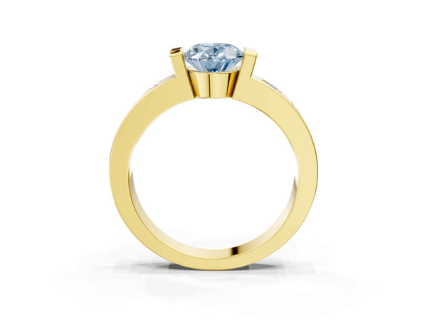 Yellow gold Fancy Blue Oval Cut Brilliant Channel-Set Diamond Ring with Bezel Prong Setting