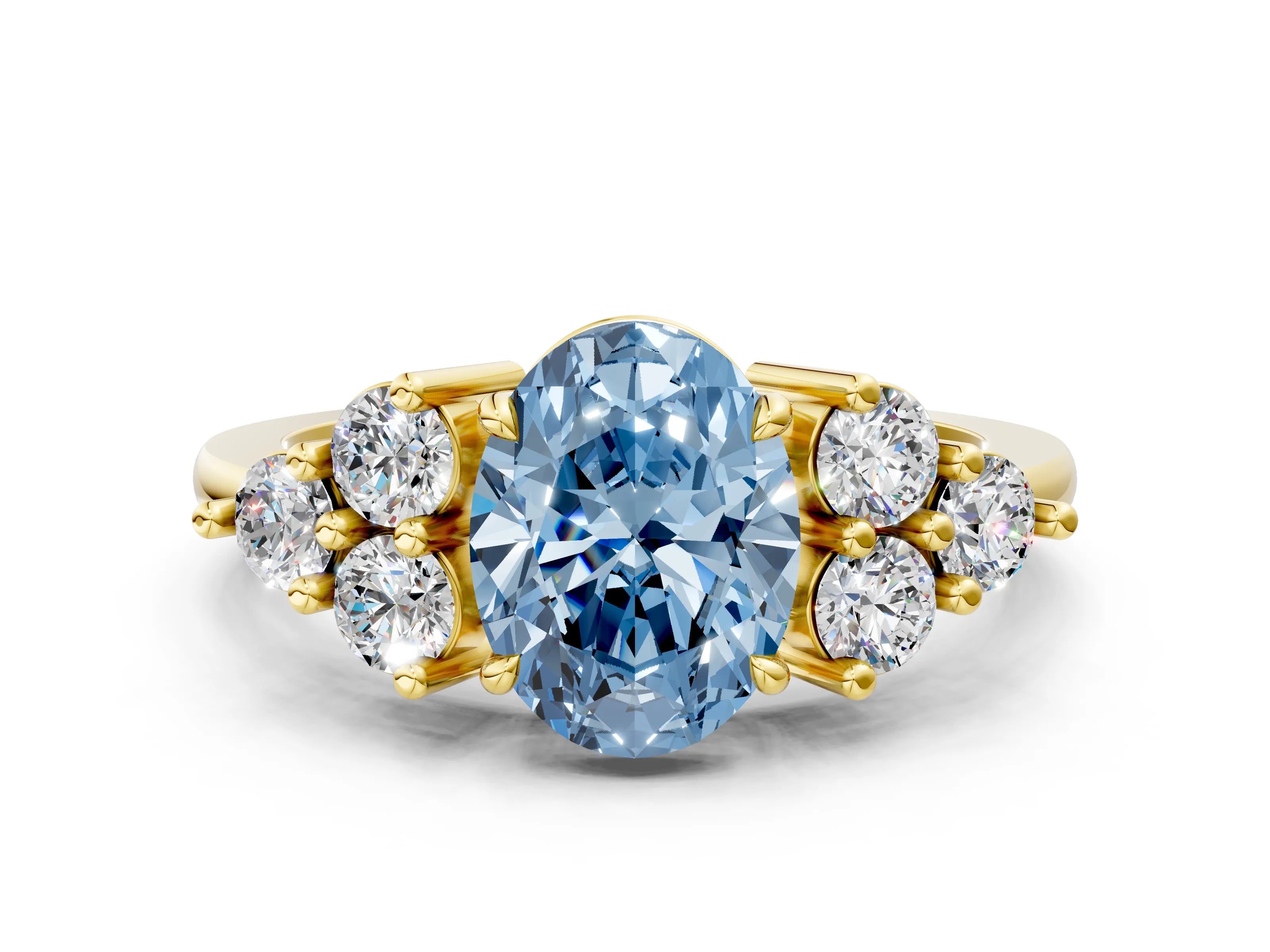 Yellow gold Fancy Blue Oval Cut Brilliant Diamond Cluster Accent Solitaire Ring with Prong Setting