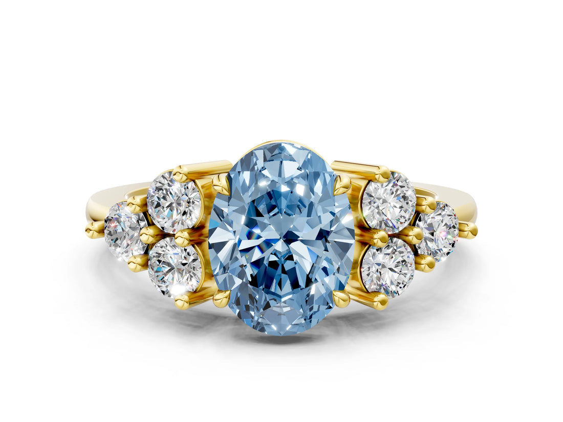 Yellow gold Fancy Blue Oval Cut Brilliant Diamond Cluster Accent Solitaire Ring with Prong Setting