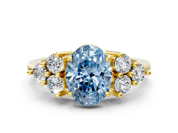 Yellow gold Fancy Blue Oval Cut Brilliant Diamond Cluster Accent Solitaire Ring with Prong Setting