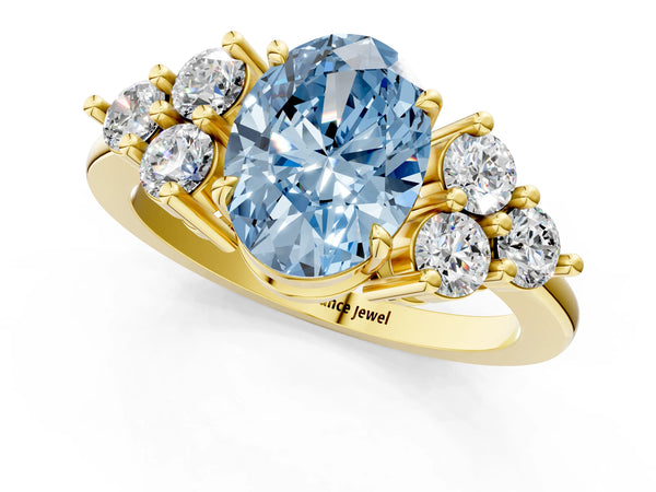 Yellow gold Fancy Blue Oval Cut Brilliant Diamond Cluster Accent Solitaire Ring with Prong Setting