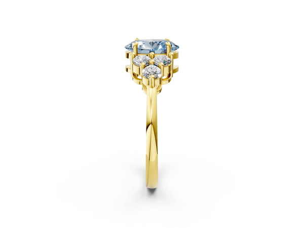 Yellow gold Fancy Blue Oval Cut Brilliant Diamond Cluster Accent Solitaire Ring with Prong Setting
