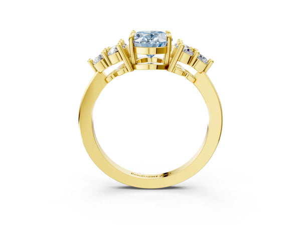 Yellow gold Fancy Blue Oval Cut Brilliant Diamond Cluster Accent Solitaire Ring with Prong Setting