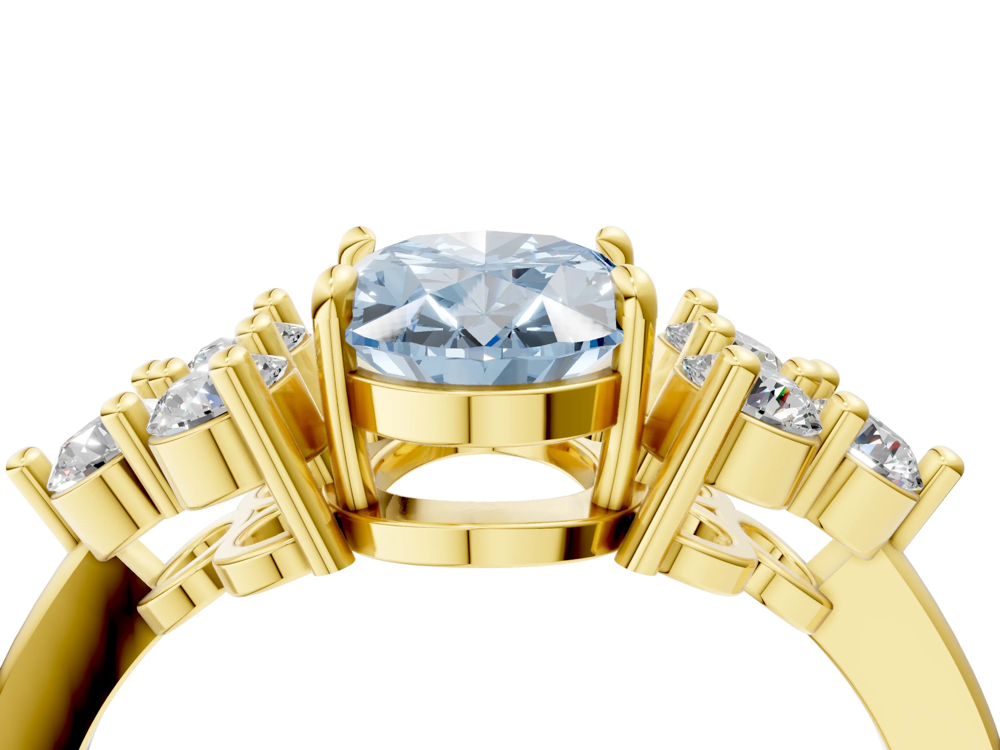 Yellow gold Fancy Blue Oval Cut Brilliant Diamond Cluster Accent Solitaire Ring with Prong Setting_4