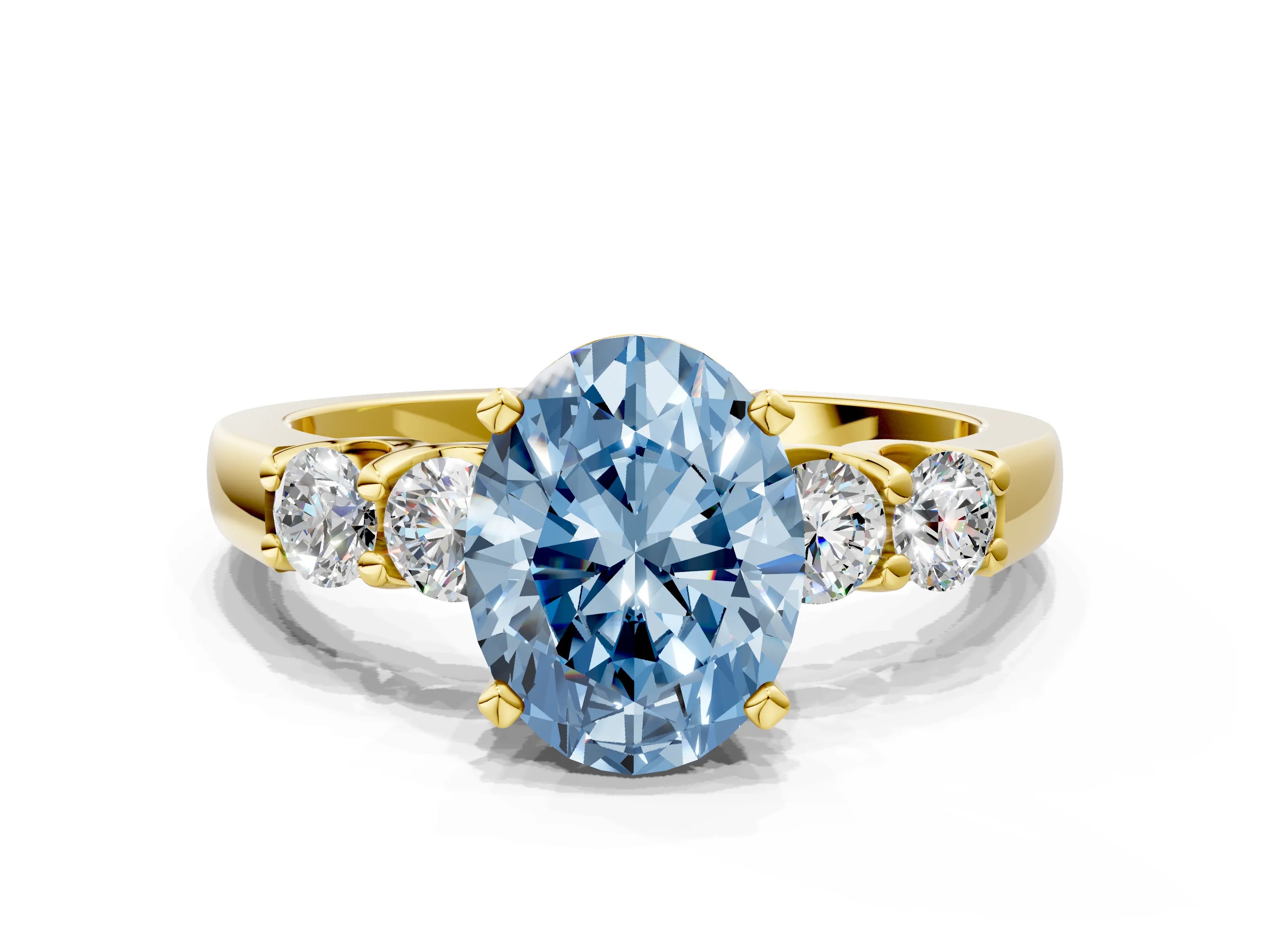 Yellow gold Fancy Blue Oval Cut Brilliant Diamond Five-Stone Engagement Ring with Prong Setting on a Classic Band_3