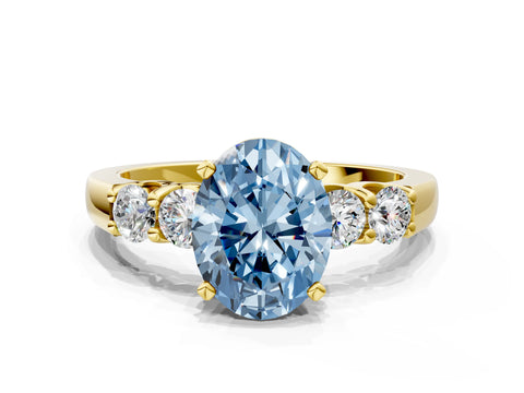 Yellow gold Fancy Blue Oval Cut Brilliant Diamond Five-Stone Engagement Ring with Prong Setting on a Classic Band_3