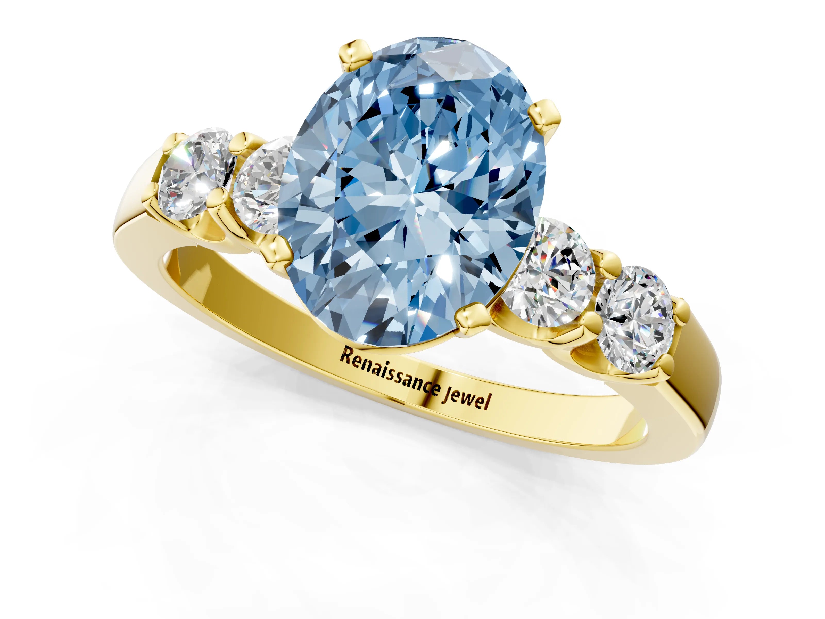 Yellow gold Fancy Blue Oval Cut Brilliant Diamond Five-Stone Engagement Ring with Prong Setting on a Classic Band_4