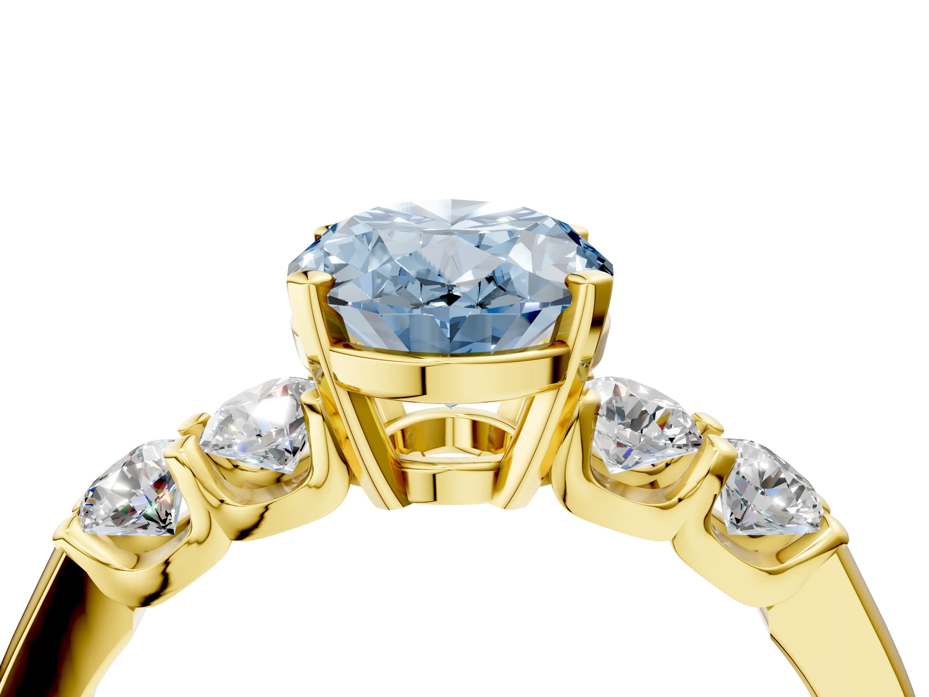 Yellow gold Fancy Blue Oval Cut Brilliant Diamond Five-Stone Engagement Ring with Prong Setting on a Classic Band_7