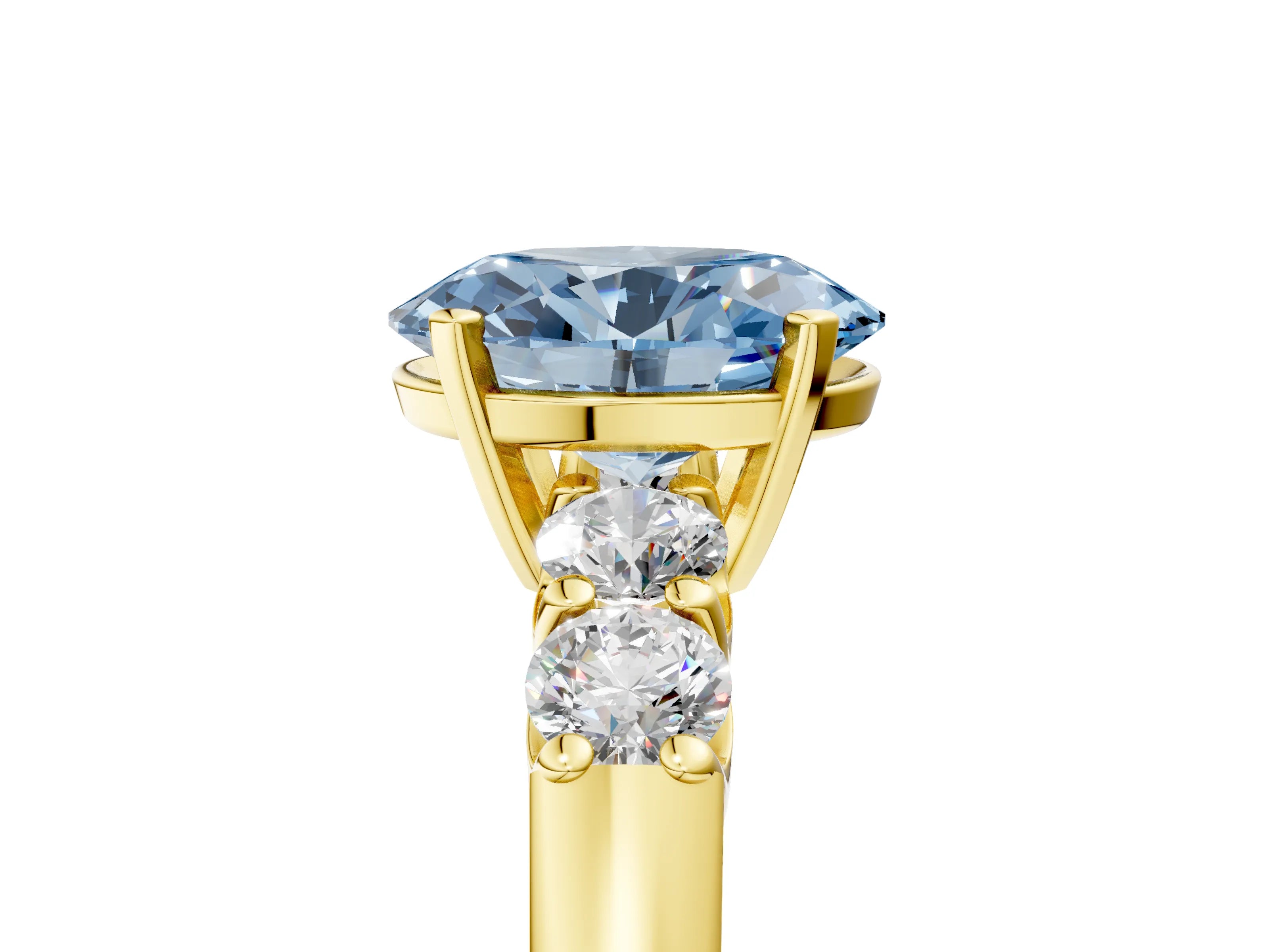 Yellow gold Fancy Blue Oval Cut Brilliant Diamond Five-Stone Engagement Ring with Prong Setting on a Classic Band_8